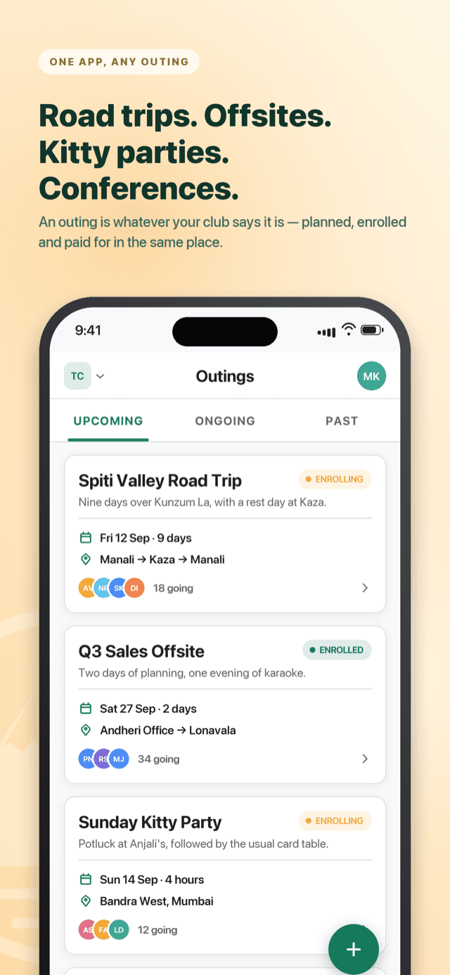 The Outdoor Club's outings screen, showing a nine-day road trip, a sales offsite and a Sunday kitty party all enrolling at once.