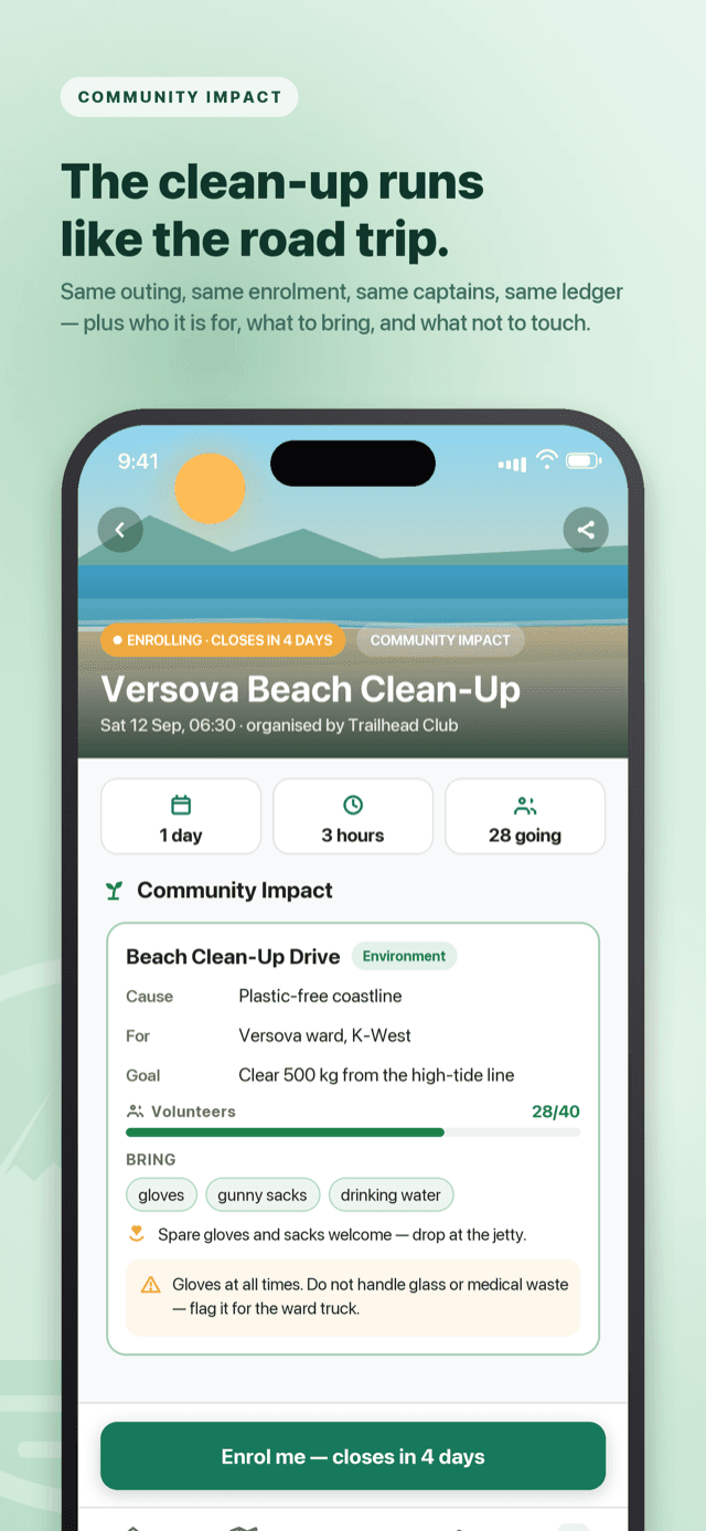 A beach clean-up planned as an outing: cause, beneficiary, volunteers wanted and a kit list.