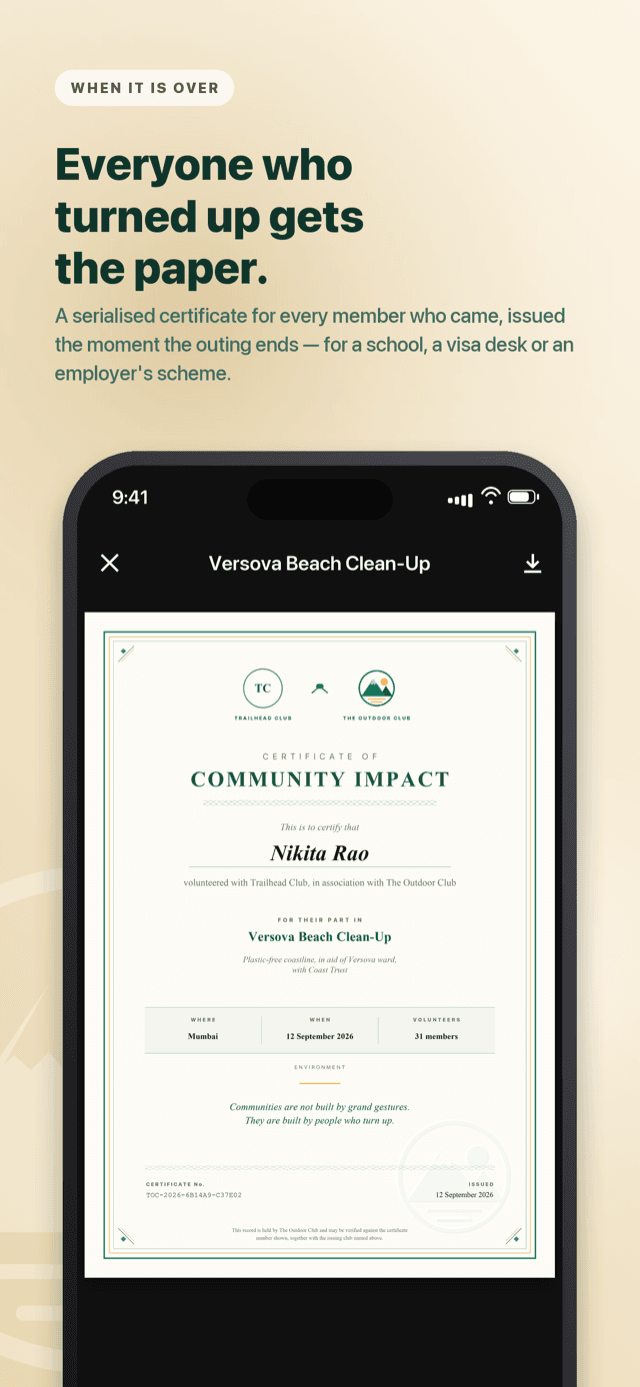 A certificate of community impact naming the volunteer, the club, the activity and the number of members who attended.