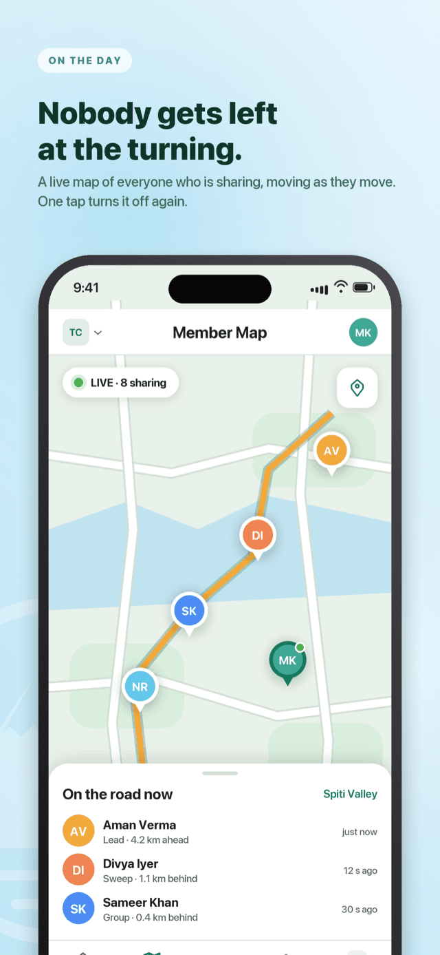 The live member map during an outing, with who is ahead and who is sweeping.
